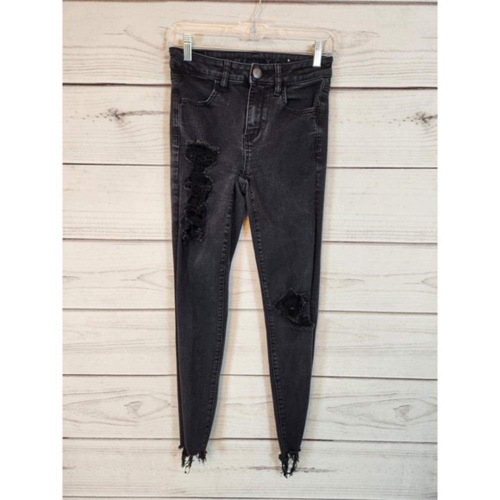 Old Navy Women's Black Solid Stretch Distressed High Rise Jeggings Jeans Size 4